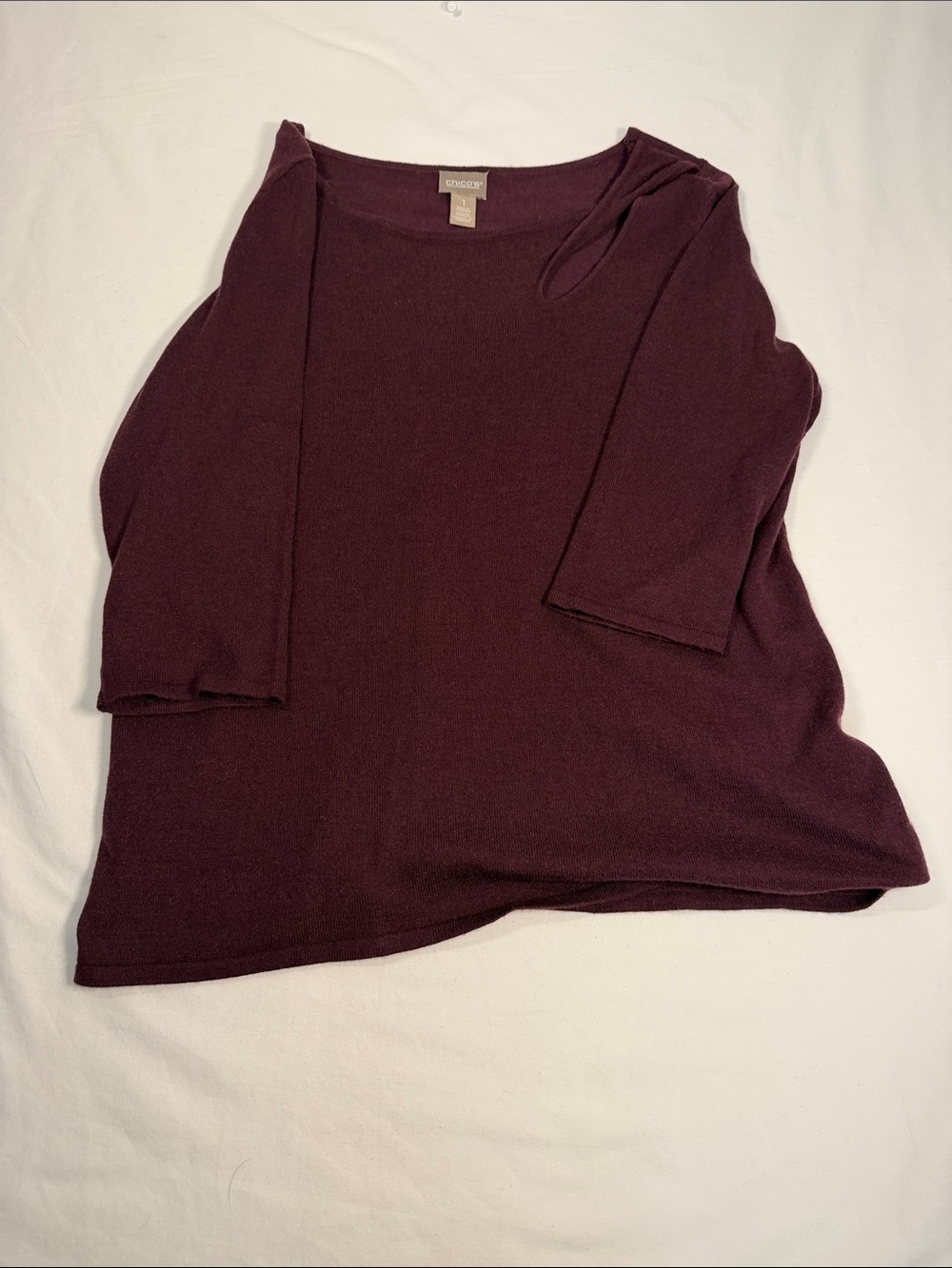 Chicos Women's 8 Touch of Cashmere Twisted Neck Top 3/4 Sleeve Knit Deep Plumb